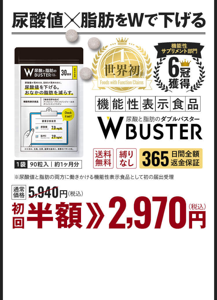 尿酸値と脂肪をWで下げる｜機能性表示食品ダブルバスター｜初回半額｜送料無料